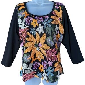 AZI New York Black Top L Sequin Beaded Embroidered Glam Party Evening Maximalist